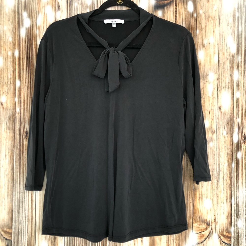 Anthropologie Ro & De 3/4 Sleeve Tie Neck Gray Black Shirt